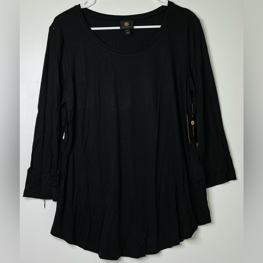 JM Collection black, long sleeve round neck soft tunic style T-shirt top M New
